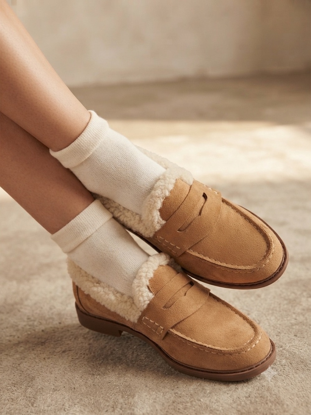 DV Dolce Vita Tan Faux Suede Sherpa Shearling Lined Penny Loafers Preppy Fall 6
